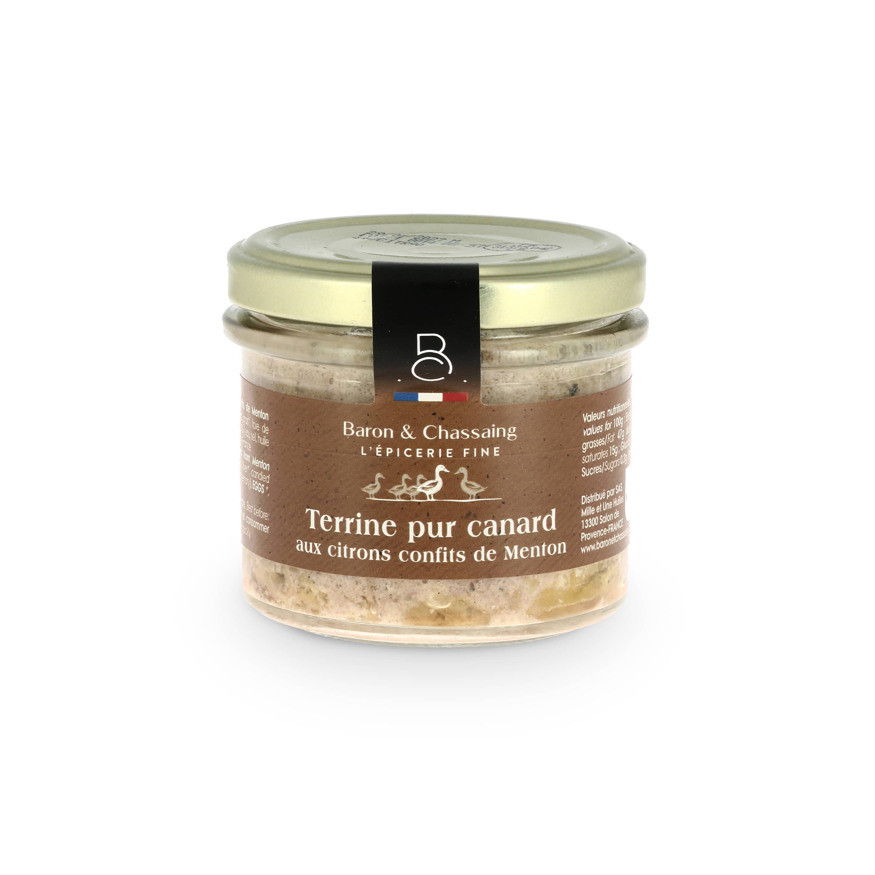 Baron & Chassaing - Wholesale Preserves - Pure duck terrine with candied lemons from Menton 90gr