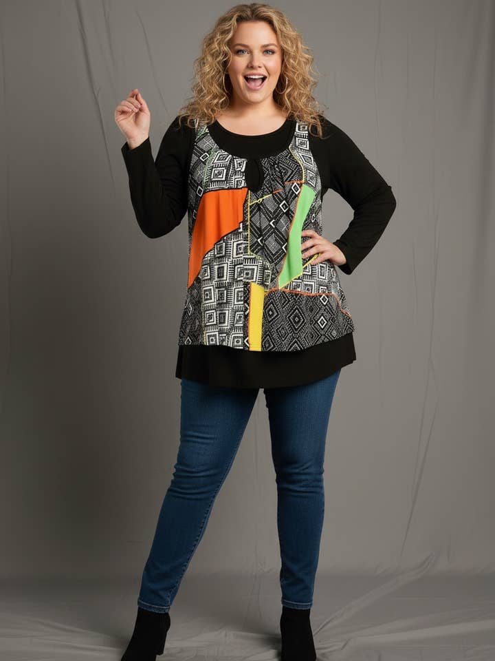 Set of turtleneck + white printed top in plus size (A239) for wholesale by Pomme Rouge Paris