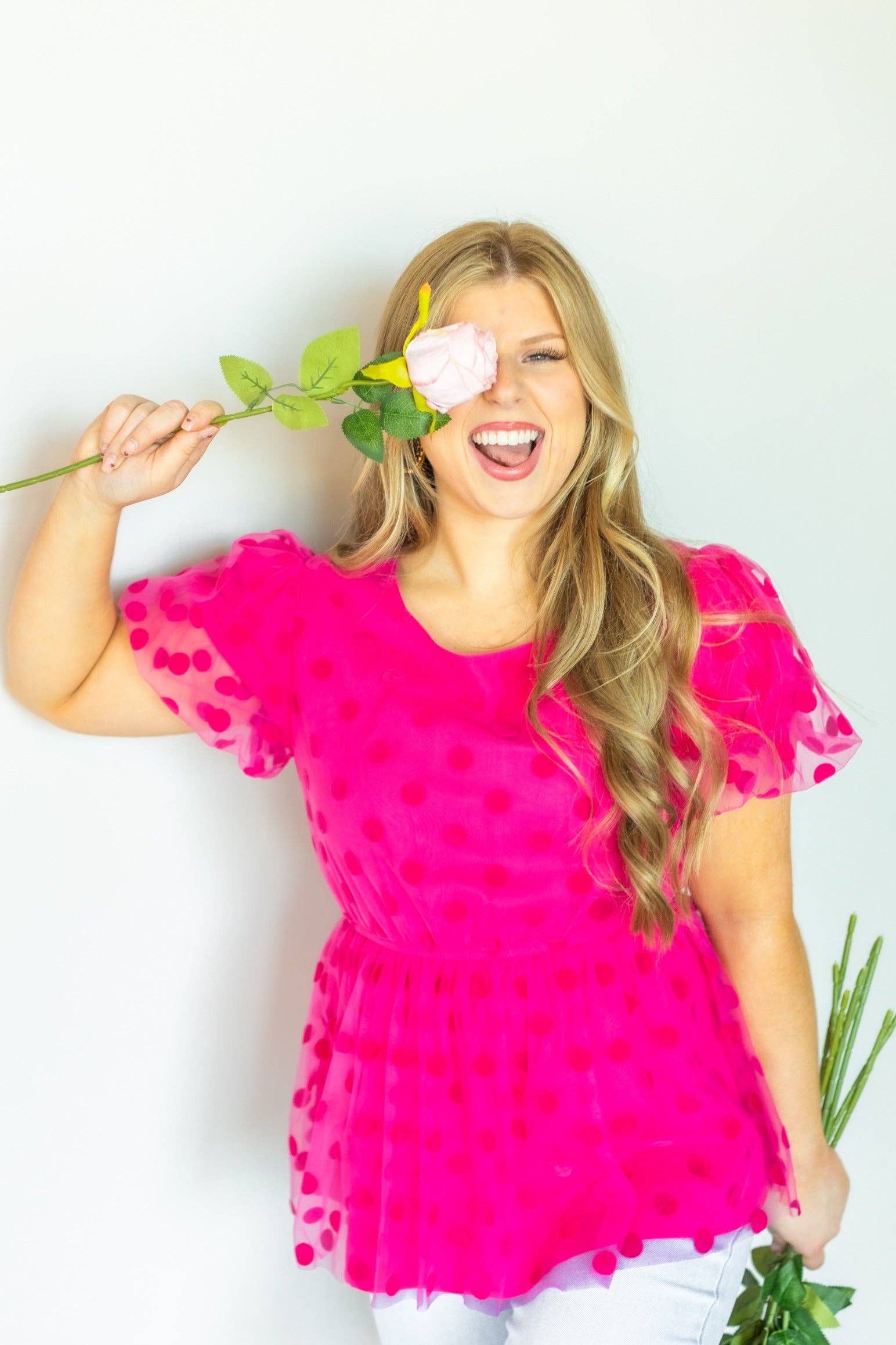 Pink Polka Dot Mesh Peplum Top for wholesale on Faire7