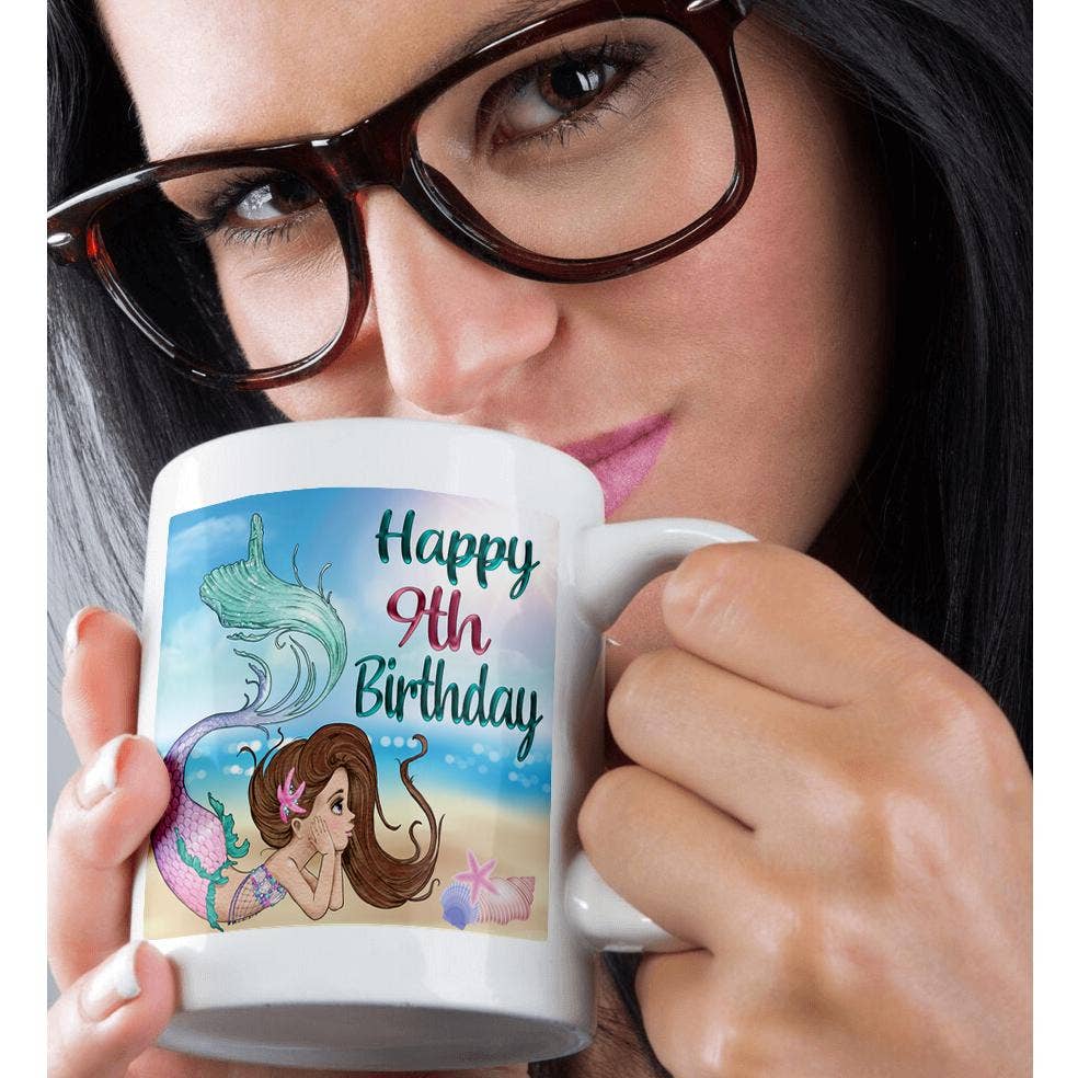 3dRose - Wholesale Coffee Mug - 3dRose, Happy 9th Birthday Pretty Brunette Mermaid On The Beach, Mug9