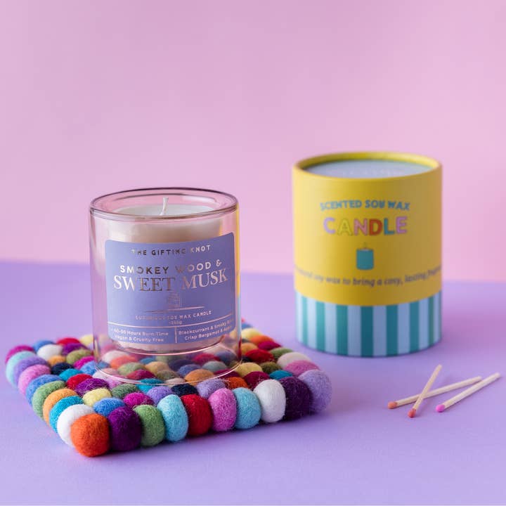 Smokey Wood & Sweet Musk Soy Wax Candle for wholesale by The Gifting Knot Ltd