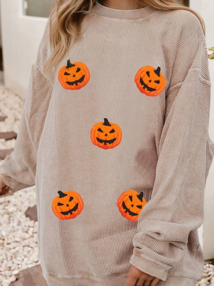 LDC Texture Chenille Halloween Pumpkin Patched Sweatshirt for wholesale by Little Daisy Closet