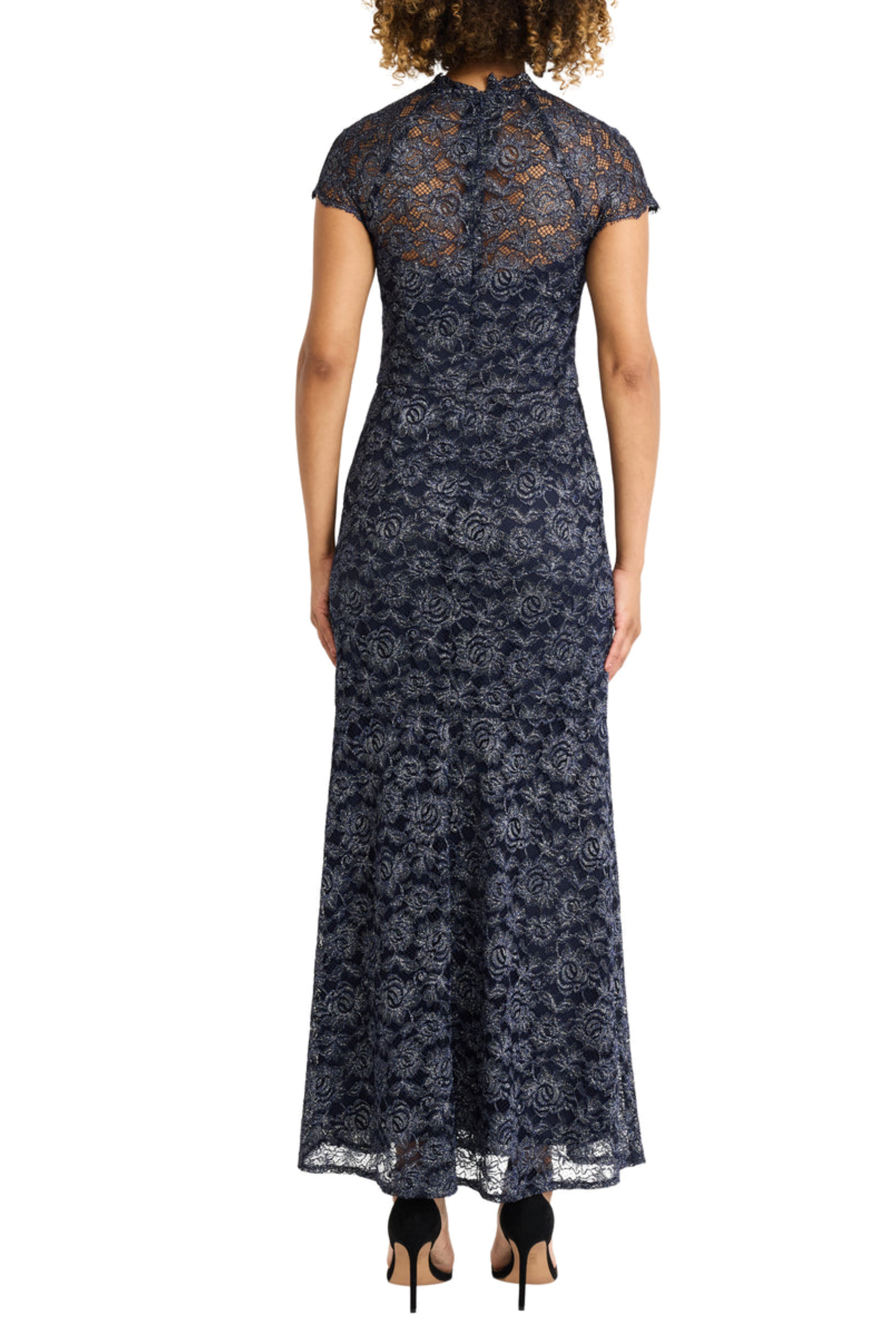 NAVY BLAZER Maggy London Illusion Neckline Metallic Lace Dress for wholesale on Faire1