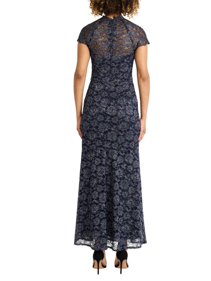 NAVY BLAZER Maggy London Illusion Neckline Metallic Lace Dress for wholesale on Faire1