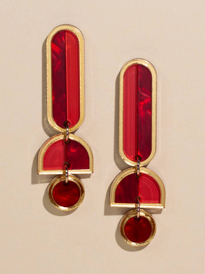 Lanie - Red Gold Colorful Acrylic Dangle Statement Earrings for wholesale by Moon-Seed