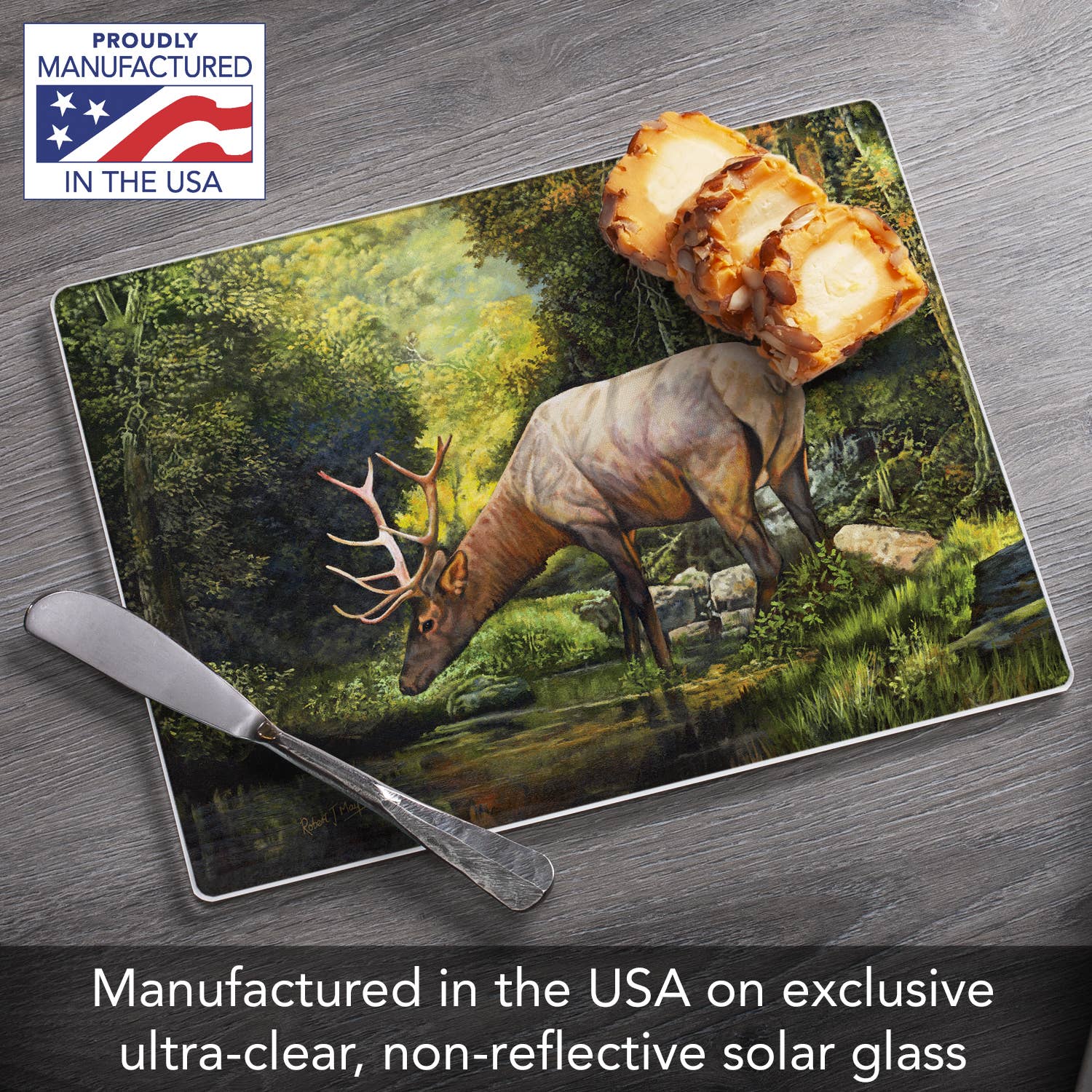 CounterArt/Highland Home/Thirstystone/CoasterStone – wholesale Cutting board – "Tranquil Elk" 3mm Heat Tolerant Glass Cutting Board 10" x 81