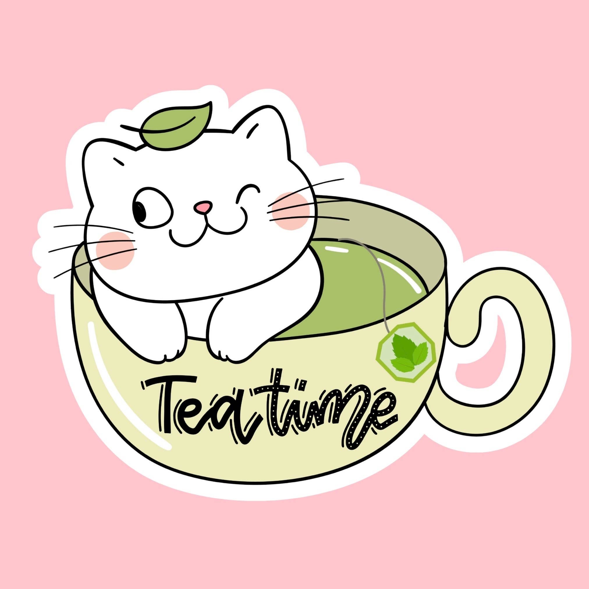 KairiCHICK Designs - Wholesale Sticker - Tea Time Tea Cup Cute Cat Matte Vinyl Die Cut Sticker0