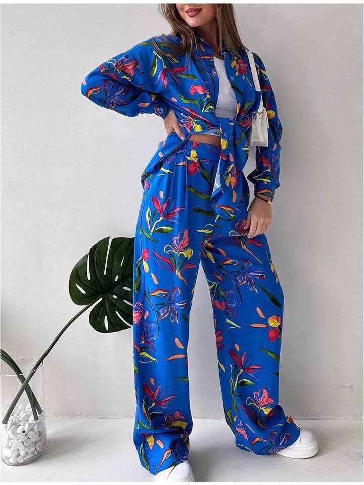 Stylish blue plant print shirt wide-leg pants casual set for wholesale on Faire