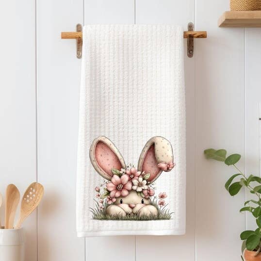 Toalha de Cozinha de Páscoa com Coelho Floral | Toalha de Waffle de Primavera | Decoração de Páscoa Rústica | Coroa de Flores com Orelhas de Coelho | Presente de Páscoa para a Mãe por atacado de Uniquely Designed By Rebecca