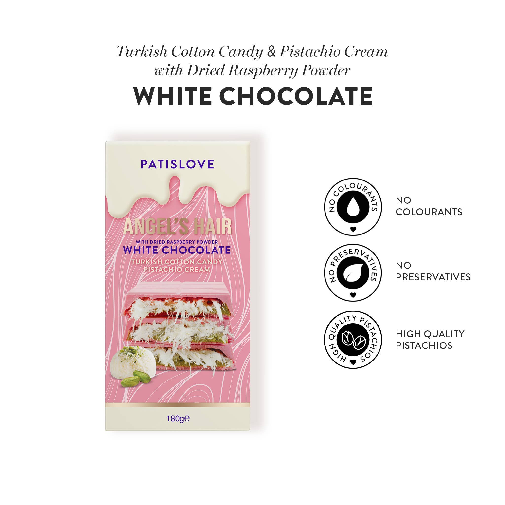 Patislove - Wholesale Chocoladereep - Angel’s Hair witte chocolade met gedroogd frambozenpoeder, 180 g3