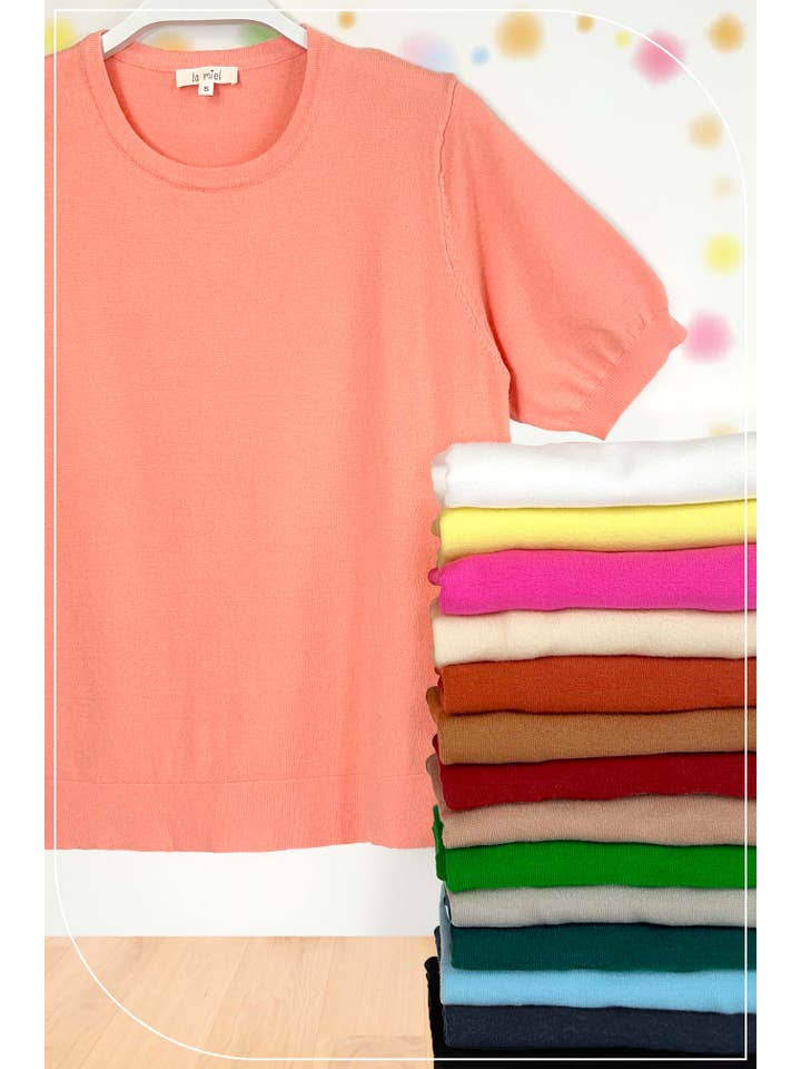 La Miel - Wholesale Knit Sweater - Women's - MCS3600-Soft Short Puffy Sleeve Basic Stretchy Knit Top