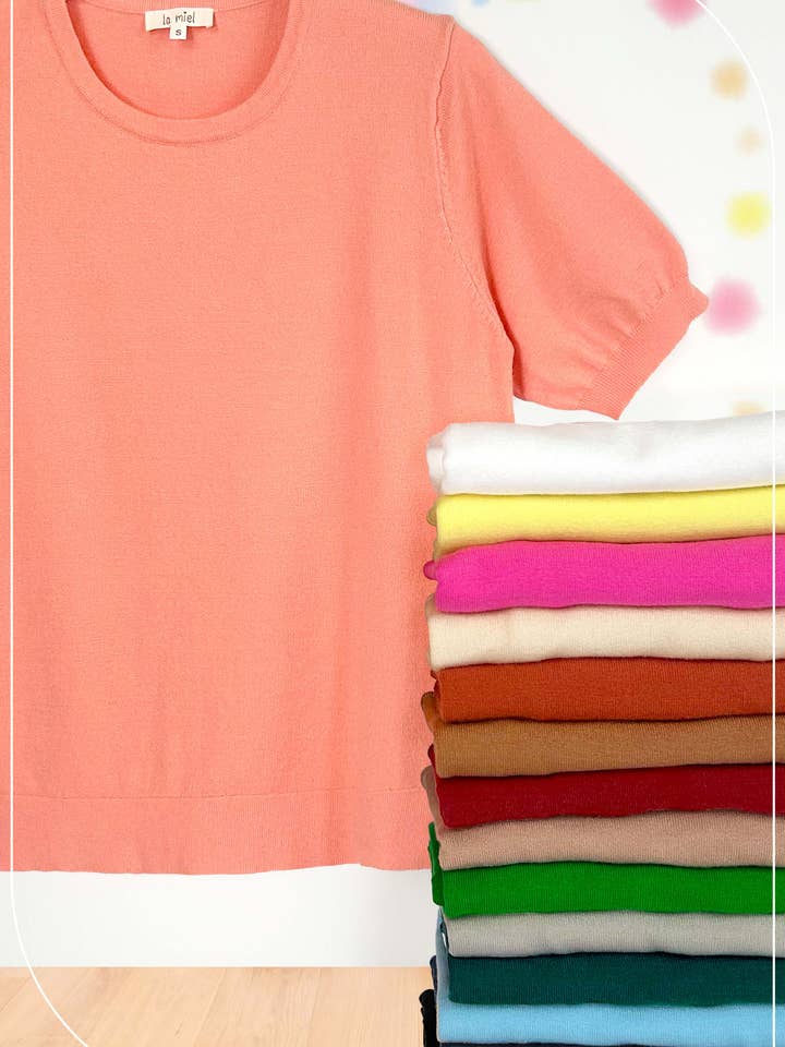 MCS3600-Soft Short Puffy Sleeve Basic Stretchy Knit Top for wholesale by La Miel