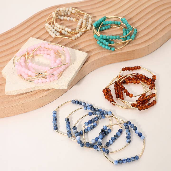 5PCS -Round Ball Curved Textured Bar Beaded Stretch Multi Layered Bracelets for wholesale by Sensibling Corp.