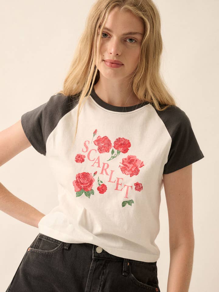 Scarlet Roses Colorblock Vintage-Wash Graphic Tee for wholesale by Vintage Canvas