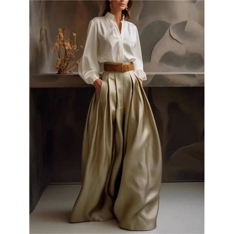 KHAKI Loose Wide Leg Solid Color Casual Pants Bottoms Trousers for wholesale on Faire4