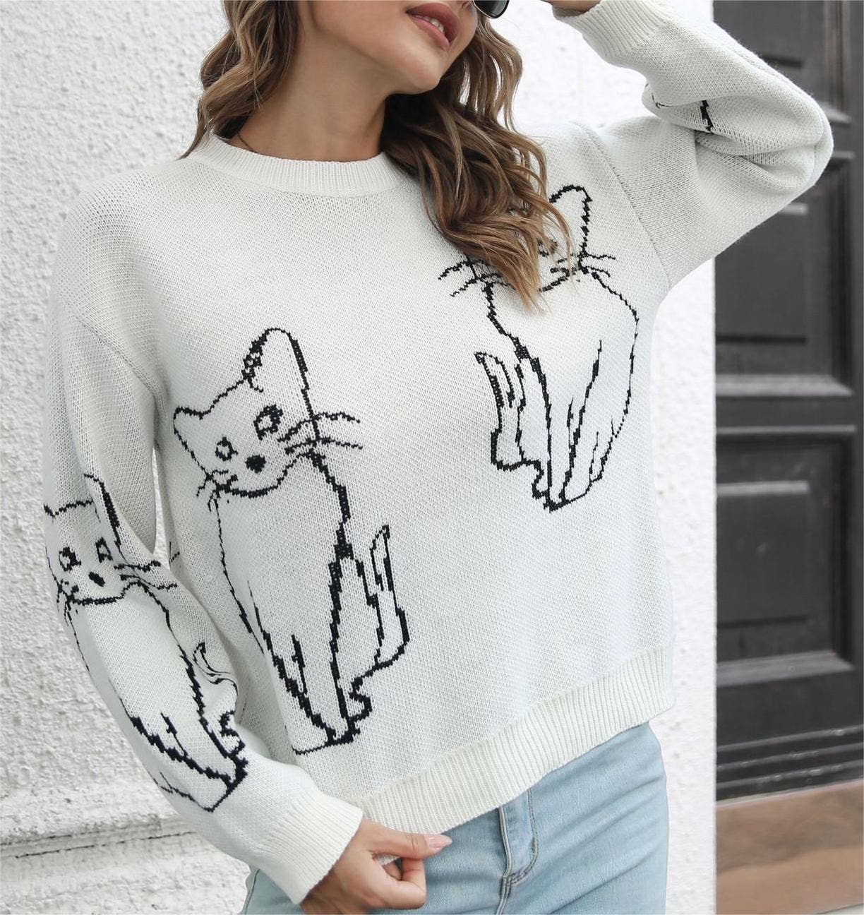 Rosa Clothing - Vente Pull en maille – femme - Pull jacquard tricoté à motif animaux chat6