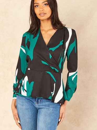 Wrap Over Long Sleeve Top/Blouse in Green Print for wholesale by Love & Joy London