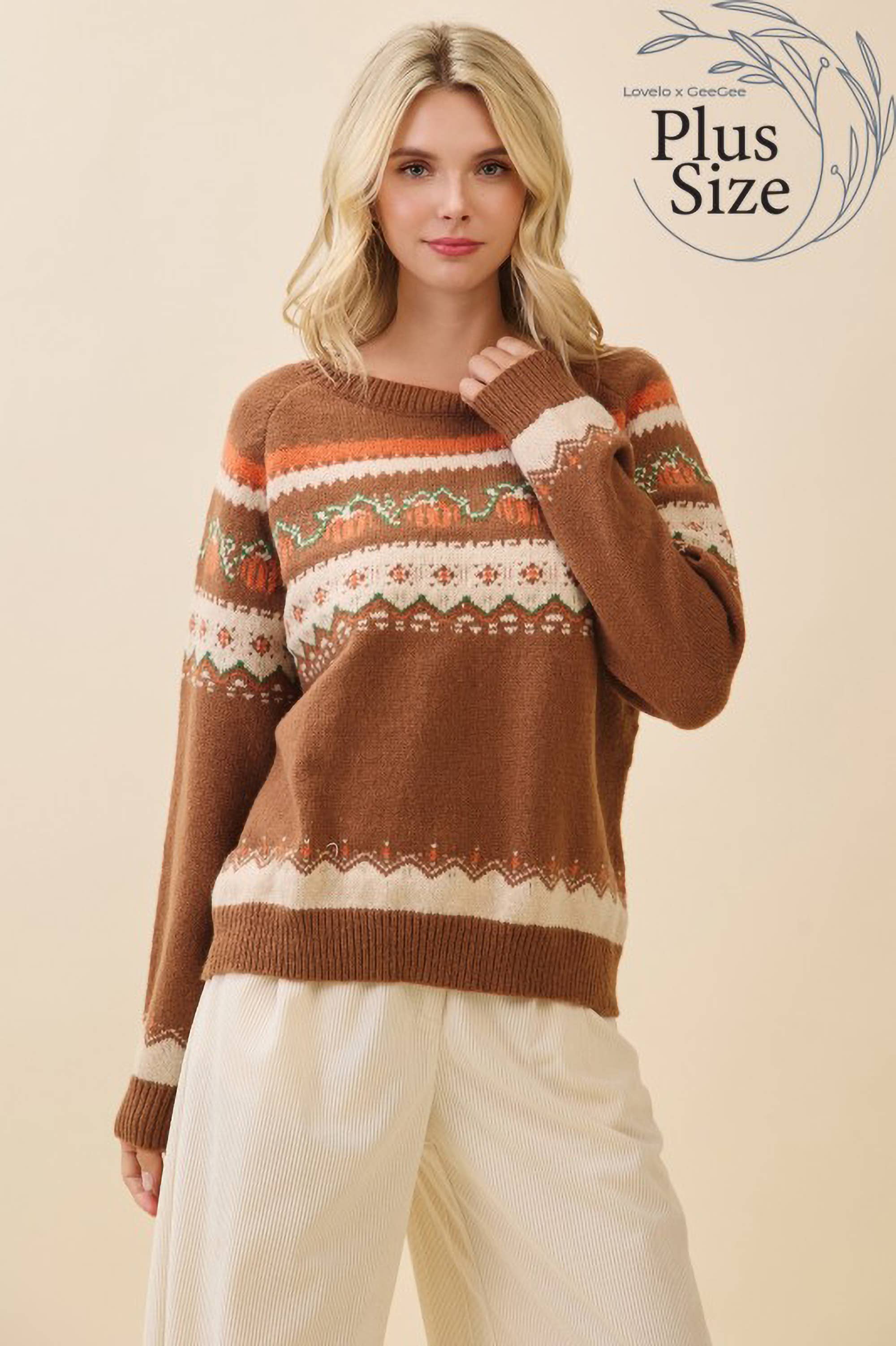 Brown Multi Plus Autumn Pumpkin Knit Sweater OT52161PL for wholesale on Faire1
