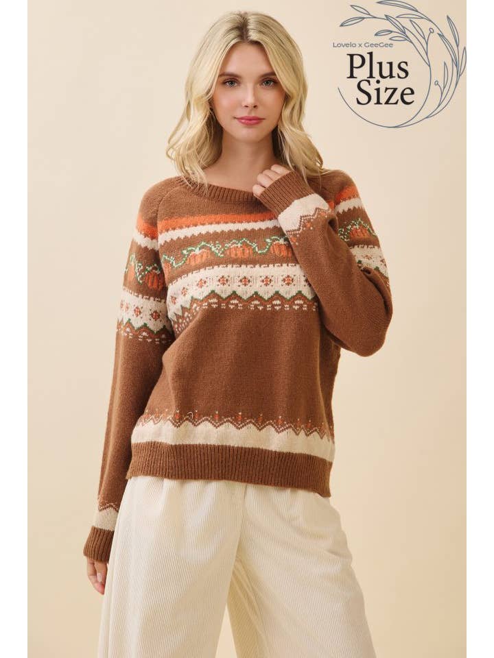Brown Multi Plus Autumn Pumpkin Knit Sweater OT52161PL for wholesale on Faire1
