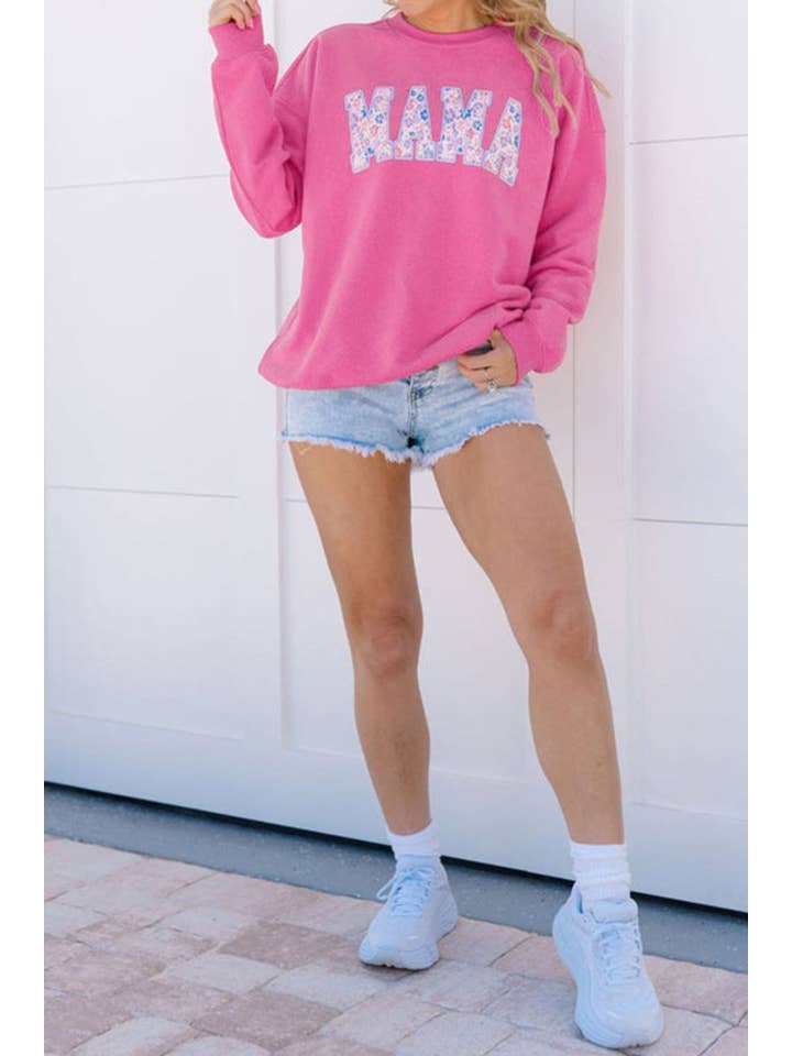 Rose Red Floral MAMA Embroidered Pullover Sweatshirt for wholesale on Faire
