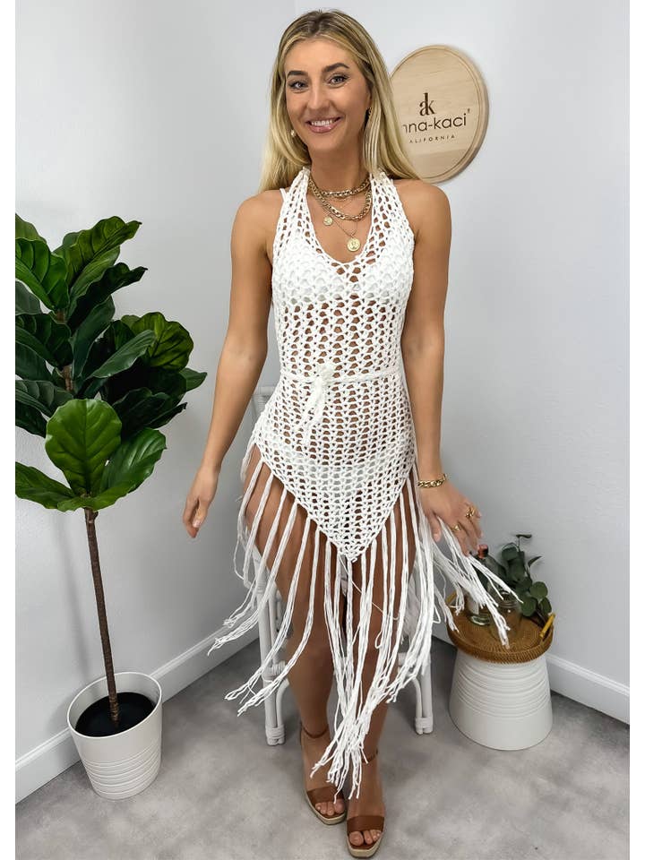 White Halter Crochet Tassel Swimwear Beach Dress Bikini Cover Up for wholesale on Faire4