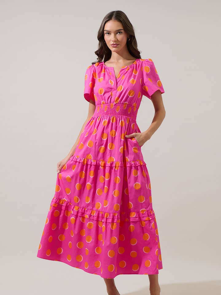 Rosy Polka Dot Palmer Poplin Tiered Maxi Dress for wholesale by Sugarlips
