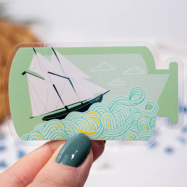 Clear Ship in a Bottle Sticker 3" x 1.73" for wholesale by Paper Pattern Silk