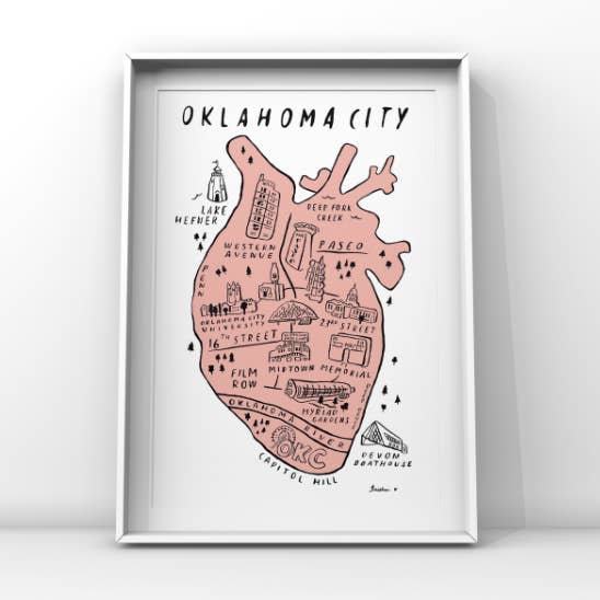OKC Map Heart Illustration Art Print for wholesale by Trisha Thompson Adams