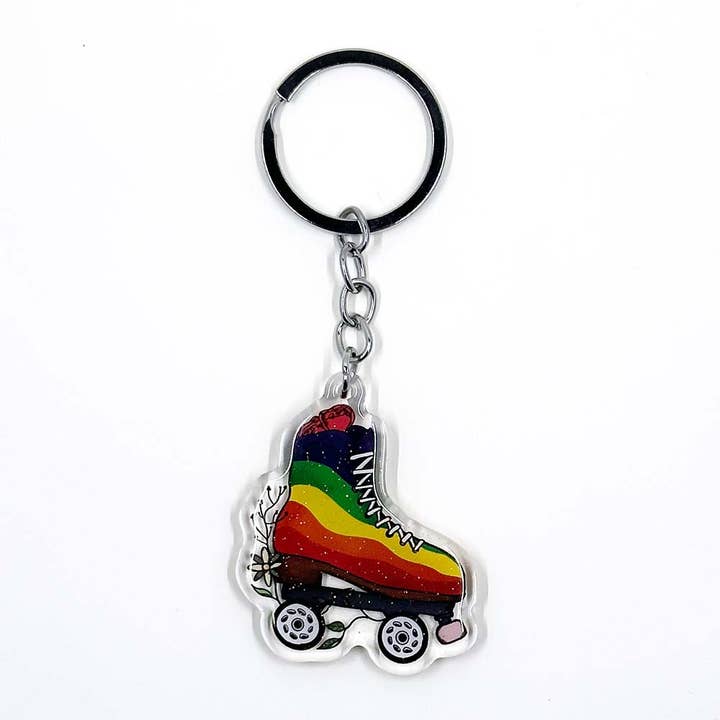 Campfires & Coffee - Wholesale Keychain – Women's - Rainbow Floral Roller Skate Sparkly Acrylic Keychain
