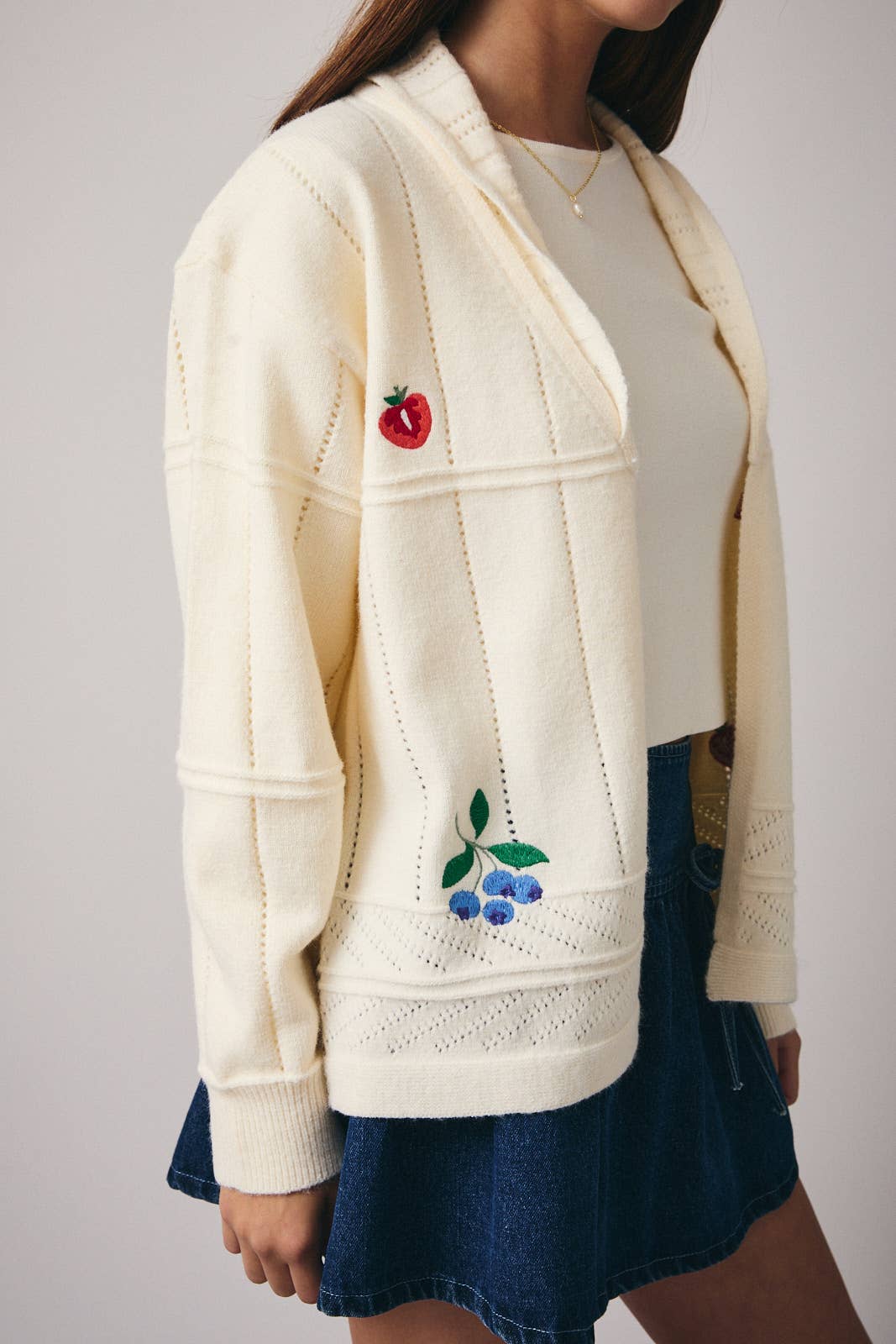 White LONG SLEEVE SWEATER CARDIGAN WITH FRUITS EMBROIDERY for wholesale on Faire4
