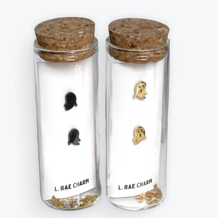 L Rae Charm - Wholesale Stud/post earrings - Ghost Stud Earring. Hypoallergenic. Halloween Gold & Black5