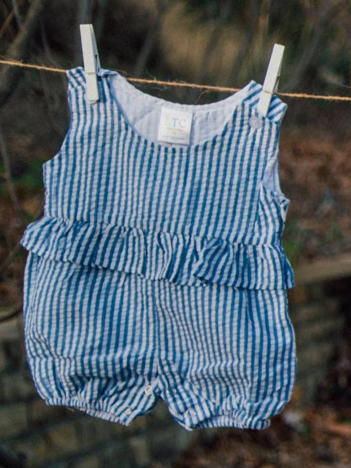 Seersucker Ruffle Romper - Navy for wholesale by Love That Cotton