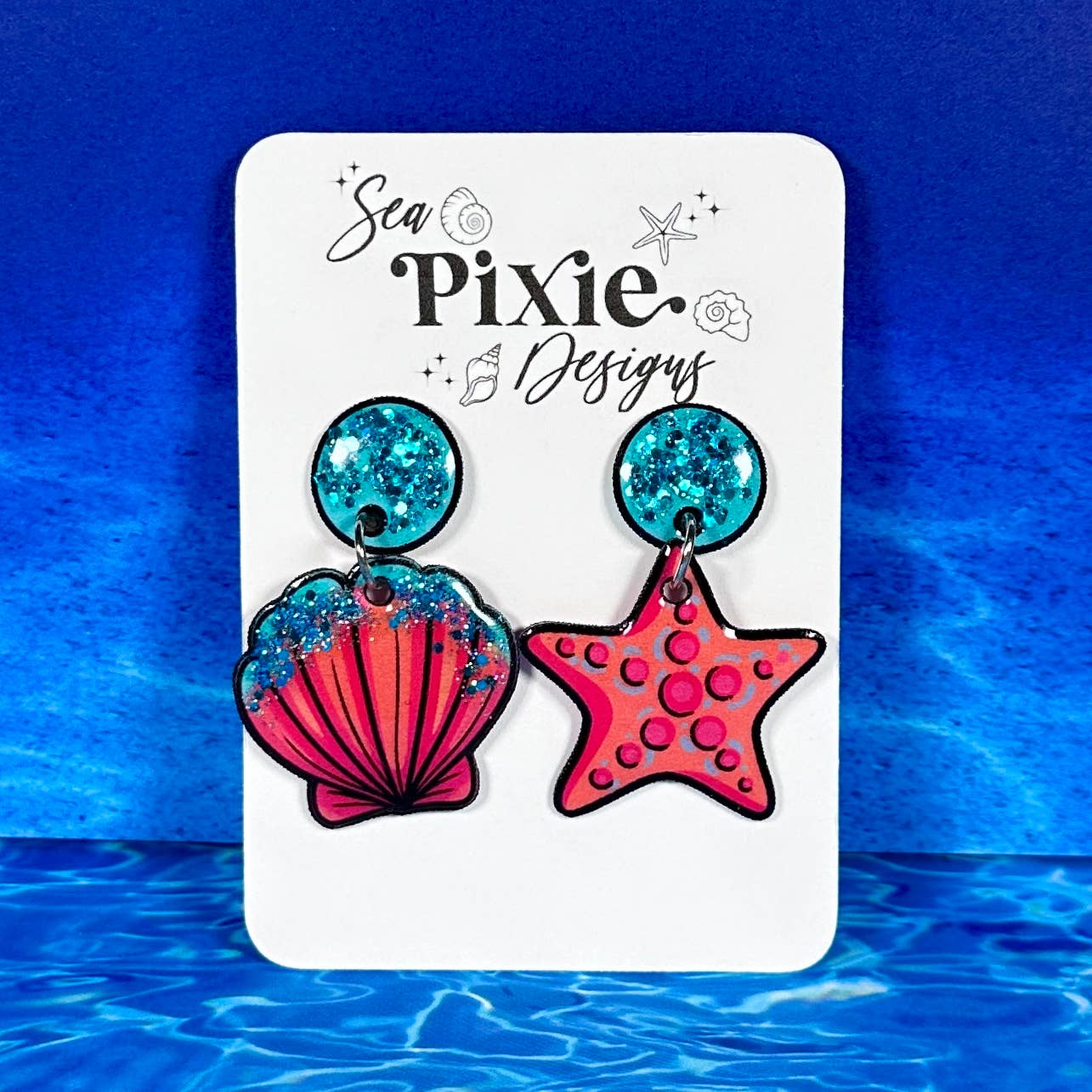 Sea Pixie Designs – wholesale Dangle earrings – Glitter Starfish & Shell Mismatch Dangle Earrings, Coastal6