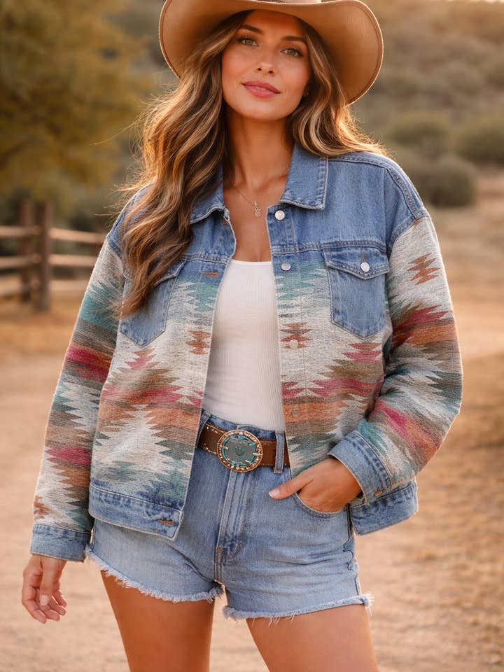 Ladies Denim with Aztec Fashion Jacket| DA-24653 for wholesale by MontanaCo