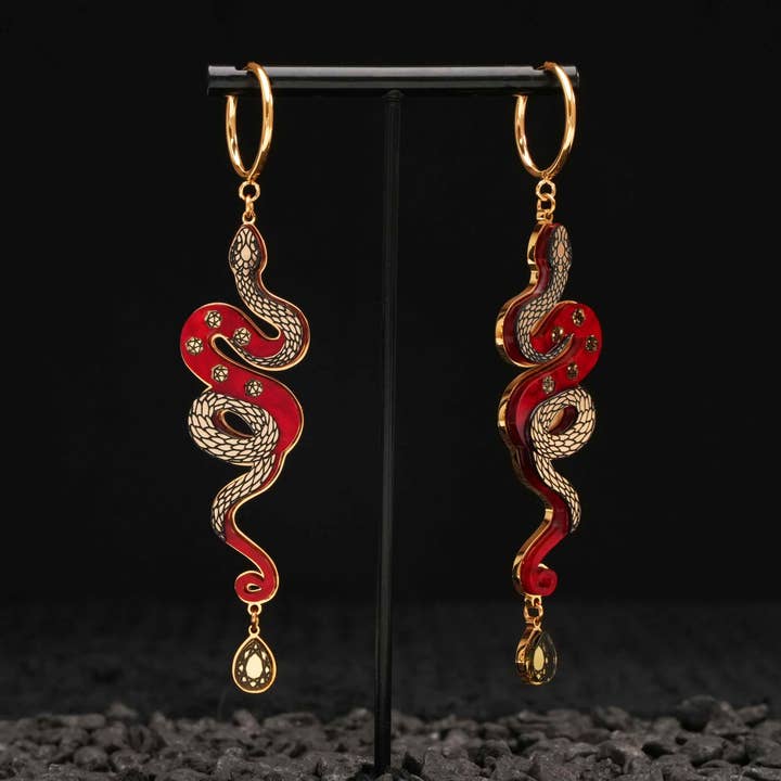 MEDUSA Gold Snake Hoop Earrings | Ruby Red for wholesale by MAINE+MARA