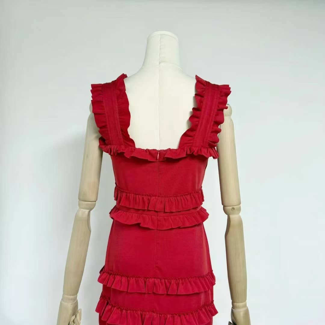 Sanyao Fashion – Vestido comprido - Mulher por atacado – Vestido de Cauda de Sereia com Camadas e Folhos SY497 para Noite de Verão10