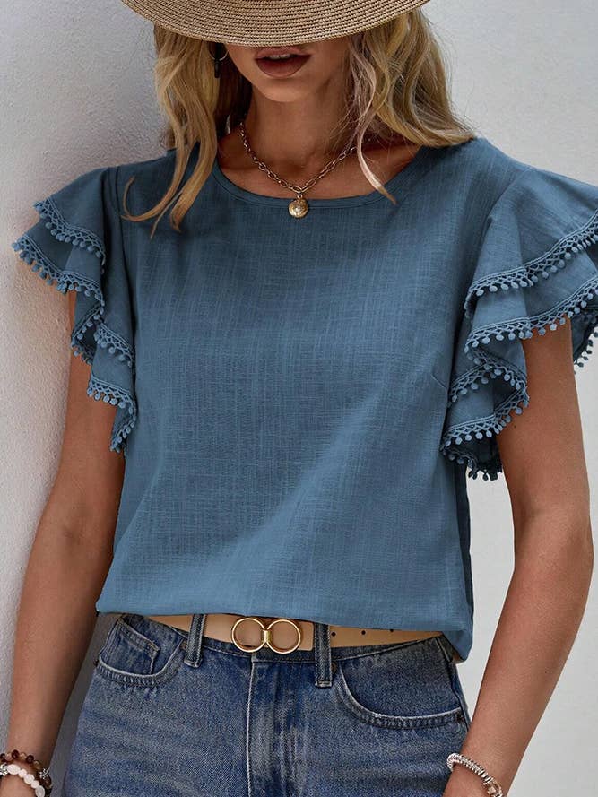 Comely Fashion - Wholesale Blouse - Women's - Plain Ruffle Sleeves Crew Neck Top