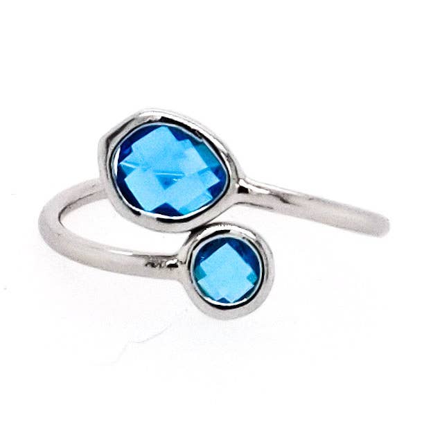 #RFT24- Framed Glass Adjustable Ring- Capri Blue Silver for wholesale by The Beaded Wire Designs