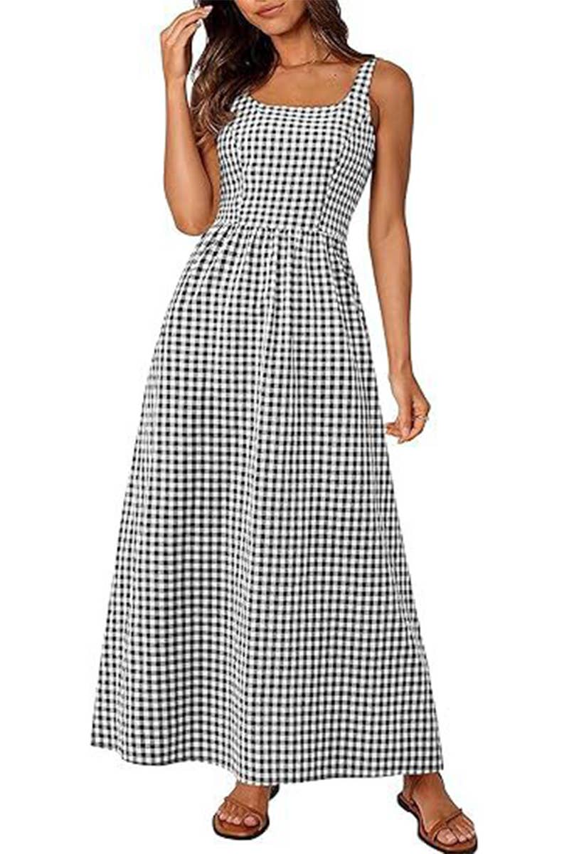NINEXIS - Wholesale Dress - Women's - CWDHL1084_SPAGHETTI STRAP SQUARE NECK PLAID SHIRRED DRESS0