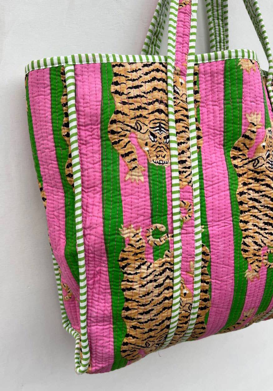 bhavnas boutique – Großhandel Lebensmittel-/Einkaufstasche – Baumwoll-Stepp-Jhola-Tasche mit Tiger-Motiv für Damen4