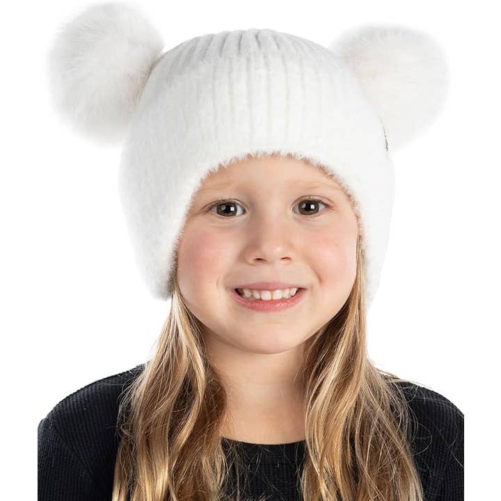 Funky Junque - Wholesale Beanie - Kids - Kids Double Pom Chenille Earflap Beanie - White1
