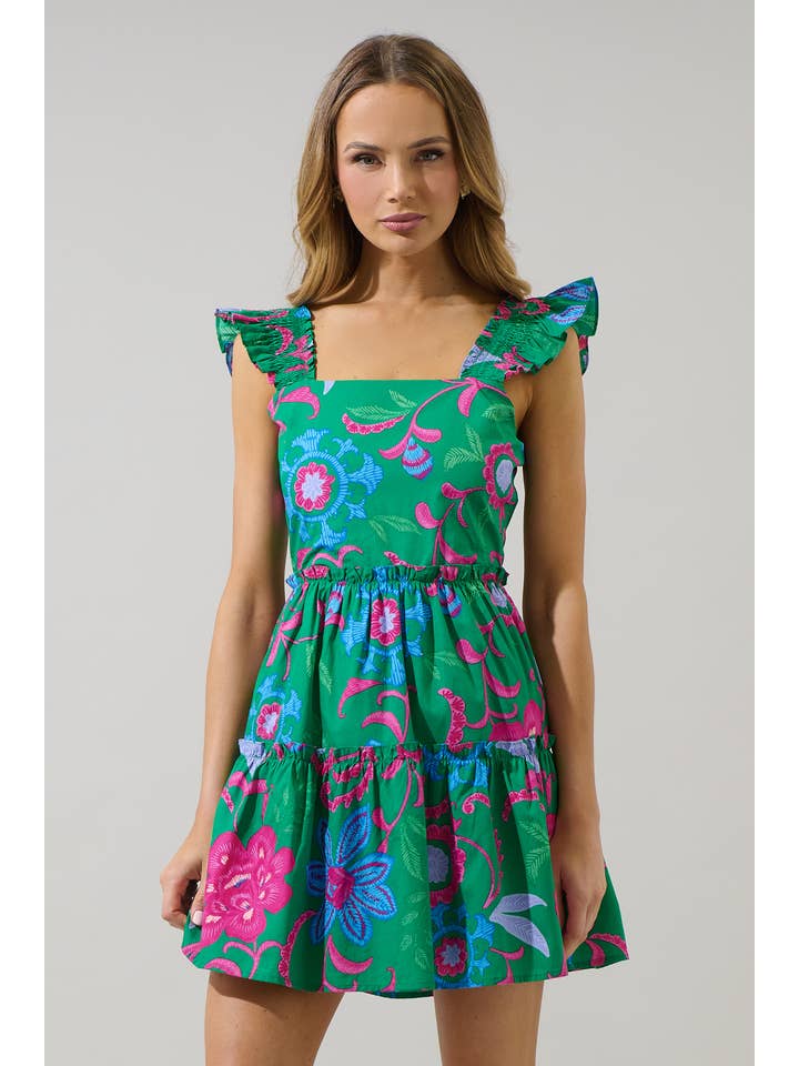 BLUE PINK MULTI Cabina Floral Ruffle Tiered Mini Dress for wholesale on Faire