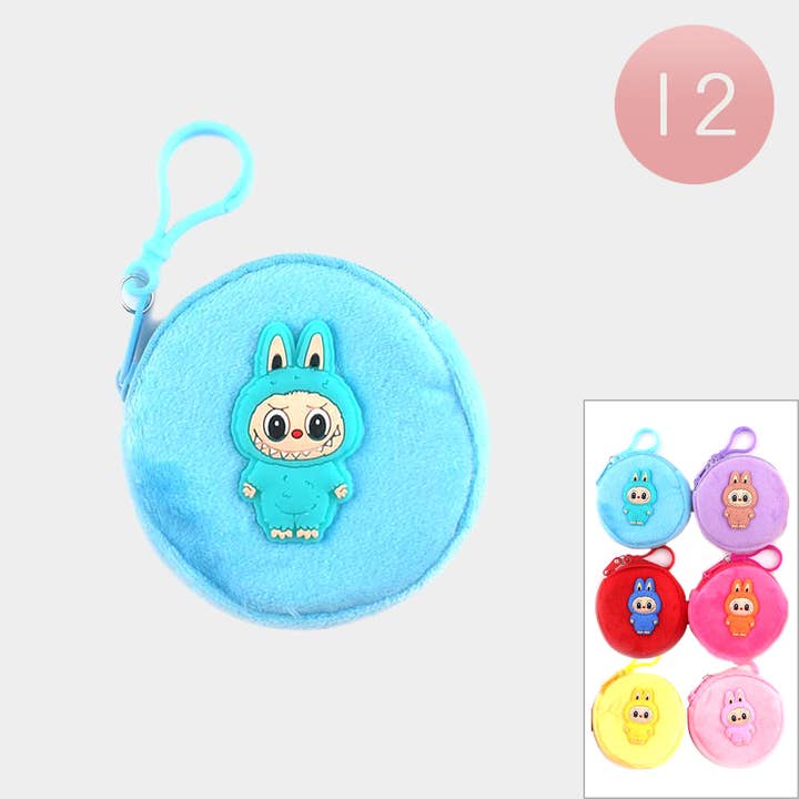 Sensibling Corp. - Wholesale Coin Purse - Women's - 12PCS - Character Embroidered Fuzzy Round Coin Purses