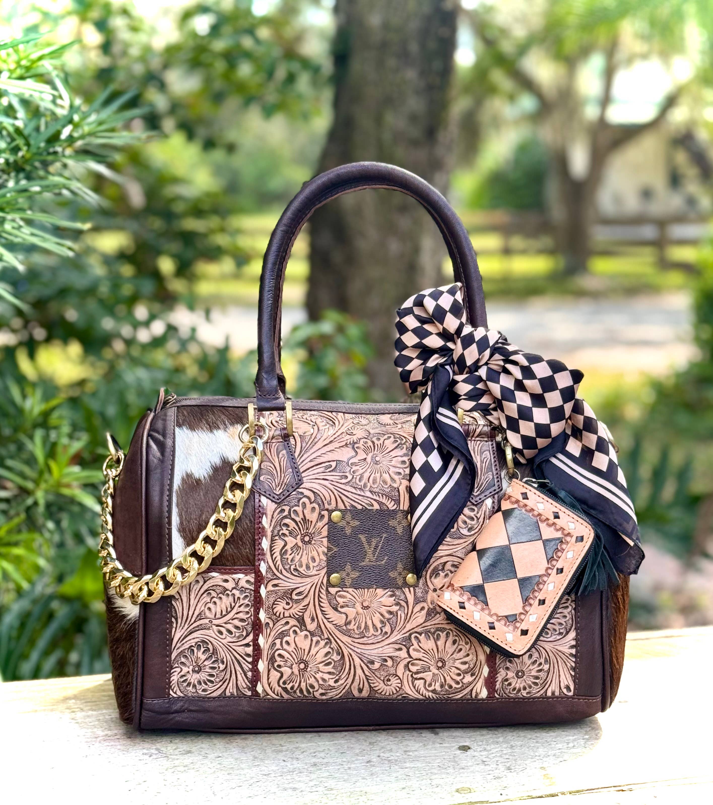 Southern Junkie Gypsy Boutique - Wholesale Crossbody Bag - Women's - Upcycled Tooled Leather Cowhide Speedy Crossbody Bag 7