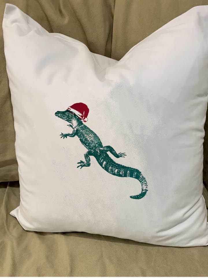 Alligator With Santa Hat Pillow With Feather Insert for wholesale by Monique Perry Art