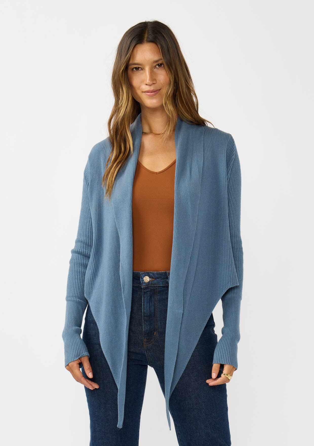 Lovestitch - Wholesale Cardigan - Women's - Waffle Knit Long Sleeve Tie Front Cardigan6