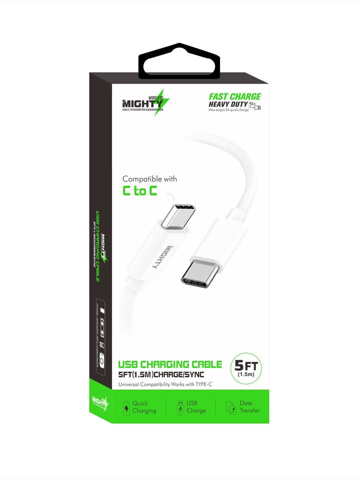 Mighty Fast Charging 5FT Type-C to Type-C Cable White MK15 for wholesale by Mighty Wireless