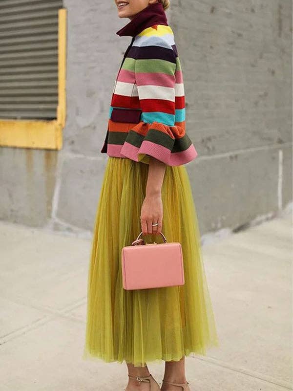 COLORFUL Puff Sleeve Striped Lapel Blouse – Multi-Colored for wholesale on Faire