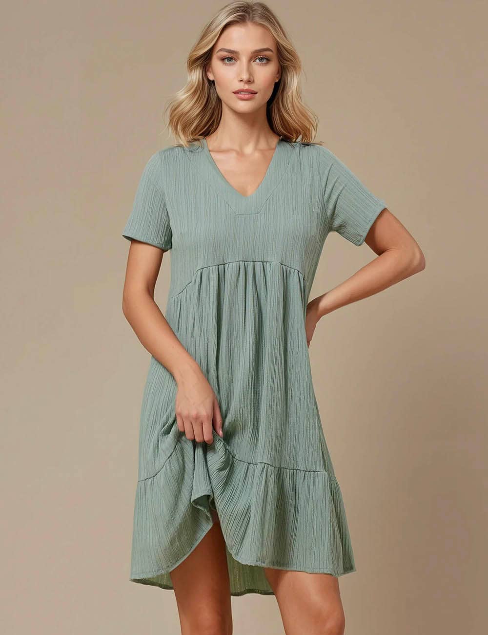Sweetkama - Vente Robe – femme - Robe courte quotidienne à manches courtes et col en V1