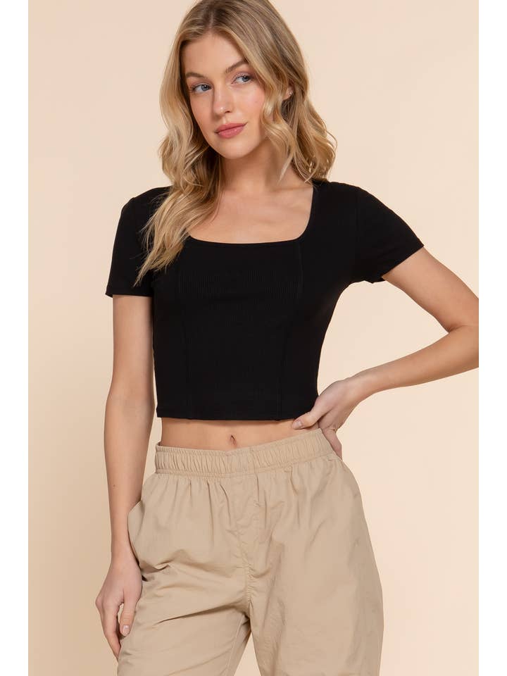 Active Basic | Active USA - Wholesale Knit Top - Women's - Short Sleeve Square Neck Corset Detail Rayon Rib Knit Top